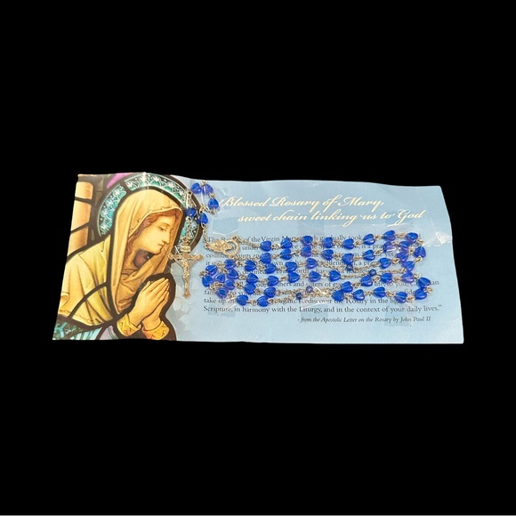 Blessed Virgin Mary Blue Heart Beaded Rosary Necklace - Picture 1 of 3